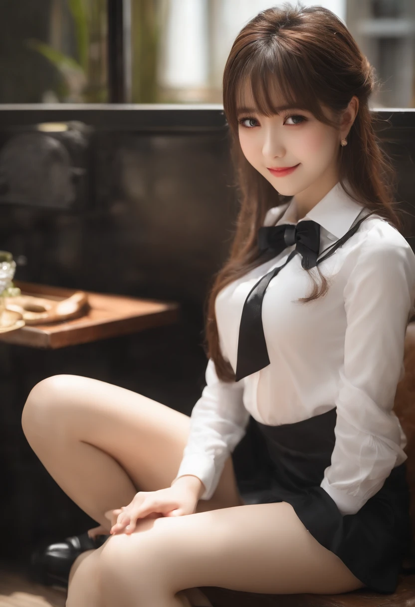(8K、top-quality、tmasterpiece:1.2)、(reallistic、Photorealsitic:1.2)、 Very Cute Girl、14years、Sit on the、(((pantyshot)))、(((Spread your legs apart)))、独奏、Classroom、watching at viewers、(Sit up:1.5)、in a school、Chest that looks like it's going to burst、Fine and beautiful eyes、)、(dark gold hair:1)、(short-hair:1.1)、pantyshot, Spread your legs apart, skirt by the, Student clothes, white panties, sockes, brunette color hair, The shirt, bblurry, blurred back, kneehigh, white shirt, low tune, true to life, long whitr hair, Carnal lips, with brown eye, Black socks, Neck tie, pleatedskirt, the bow, head rest, side looking, En plein air, brownfootwear, tmasterpiece, top-quality, ultra - detailed、(((pantyshot)))、(((Spread your legs apart)))、Seductive eye、
