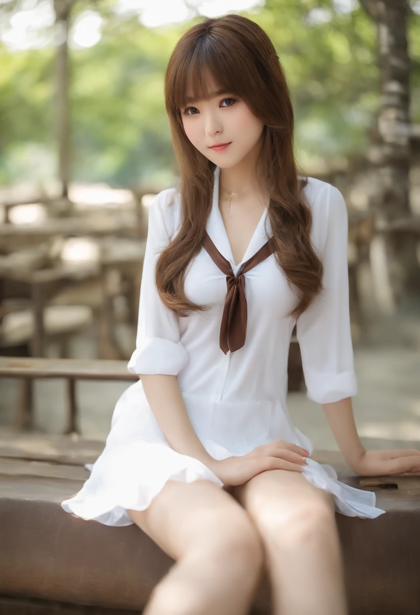 (8K、top-quality、tmasterpiece:1.2)、(reallistic、Photorealsitic:1.2)、 Very Cute Girl、ars、Sit on the、(((pantyshot)))、(((Spread your legs apart)))、独奏、‎Classroom、watching at viewers、(Sit up:1.5)、in a school、Chest that looks like it's going to burst、Fine and beautiful eyes、)、(dark gold hair:1)、(short-hair:1.1)、pantyshot, Spread your legs apart, skirt by the, Student clothes, white  panties, sockes, brunette color hair, The shirt, bblurry, blurred back, kneehigh, white  shirt, low tune, true to life, long whitr hair, Carnal lips, with brown eye, Black socks, Neck tie, pleatedskirt, the bow, head rest, side looking, En plein air, brownfootwear, tmasterpiece, top-quality, ultra - detailed、(((pantyshot)))、(((Spread your legs apart)))、Seductive eye、