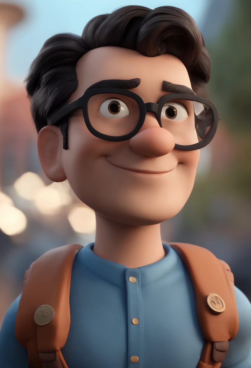 Cartoon character of a man with black glasses and a blue shirt, animation character, Caractere estilizado, animation style rendering, 3D estilizado, Arnold Maya render, 3 d render stylized, toon render keyshot, Personagem 3D, Personagem 3D, 3d rendering stylized, 3 d character render, personagem de desenho animado, Personagem de close up, Pose de personagem, (Estilo Pixar) (master part:1.2) (Bokeh) (best quality) (pele detalhada) (textura detalhada) (8k) (argila) (Cinematic lighting) (foco nítido) Escreva na camisa a seguinte mensagem: No more hate! O melhor Grupo de Whattsapp da terra!