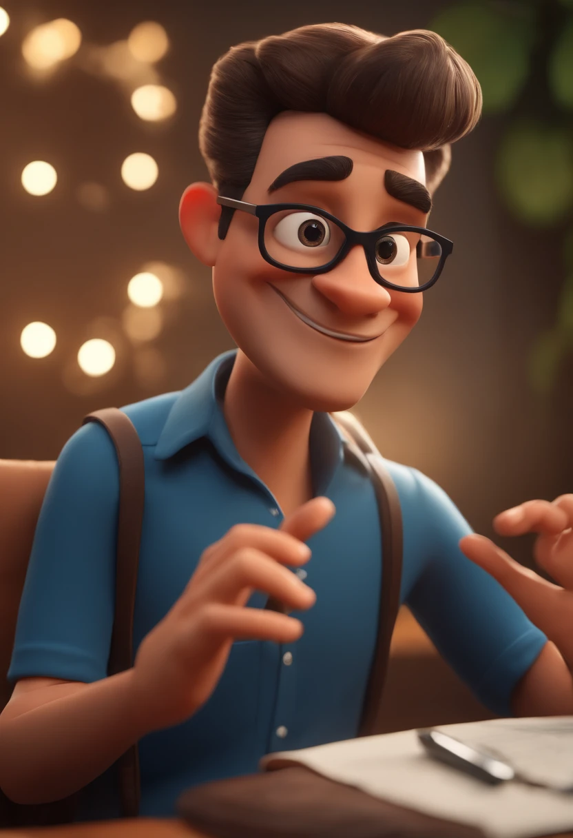 Cartoon character of a man with black glasses and a blue shirt, animation character, Caractere estilizado, animation style rendering, 3D estilizado, Arnold Maya render, 3 d render stylized, toon render keyshot, Personagem 3D, Personagem 3D, 3d rendering stylized, 3 d character render, personagem de desenho animado, Personagem de close up, Pose de personagem, (Estilo Pixar) (master part:1.2) (Bokeh) (best quality) (pele detalhada) (textura detalhada) (8k) (argila) (Cinematic lighting) (foco nítido) Escreva na camisa a seguinte mensagem: No more hate! O melhor Grupo de Whattsapp da terra!