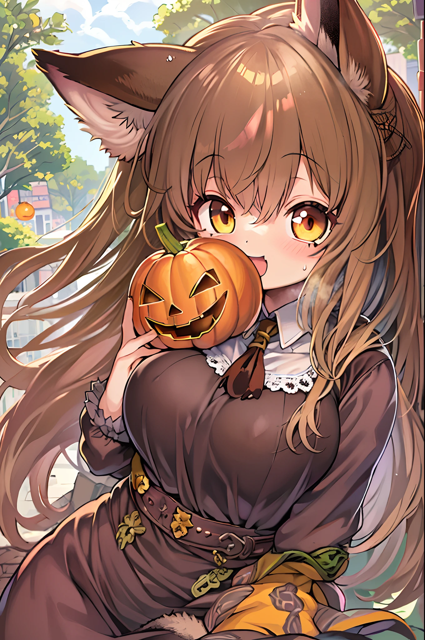 of the highest quality, 1girl in, (Skin Hollow), (large full breasts), (day), Bright, Background blur, Outdoors, (Street:0.6), (hair:1.5), (Blouse:1.5), Gorgeous, (Hair float:1.5), Soft light, Wind, garden, Street,Fox, (Monster Girl), long brown ears with a dark brown inside,,,,,, brown fur, Sunburned neck fluff, brown fluffy tail with a yellow-brown tip,,,,,, Big brown eyes, wearing modest clothing, masutepiece, Best Quality、Nanachi、Chibi、huge-breasted、bbw、Ultramammy、Halloween、Happy halloween
