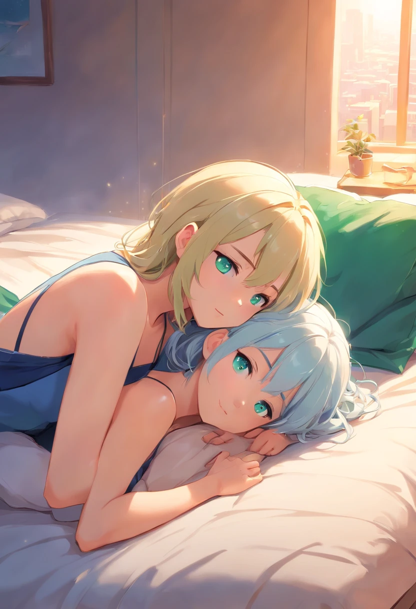 (best quality, masterpiece), 1 man, short white hair, blue eyes, back, full body, ((hugging)) 1 girl with green eyes, long blond hair, lying down, room, bed, dawn light, cloth covering the body, sexy