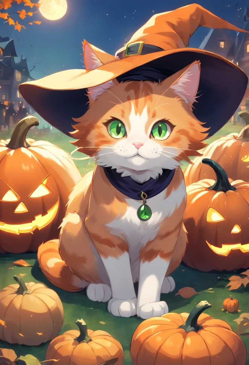 Ginger cat in a witch's hat, It has white front paws, There are also green and brown eyes, pumpkins, Halloween, the bats