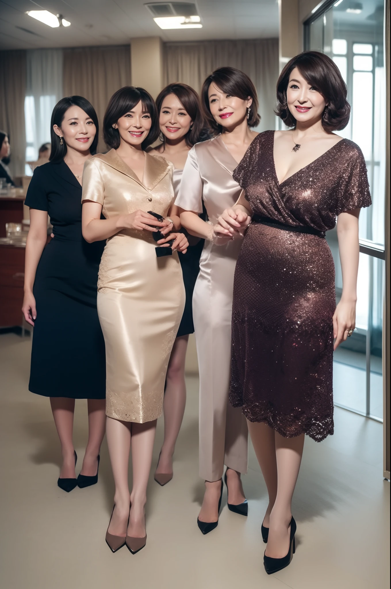 Mature and attractive woman、3 people、whm、Enchanted look、tmasterpiece、top-quality，Flesh-colored pantyhose，high-heels，Skirt that wraps hips，V-neck short sleeves，high-heels，in a hospital