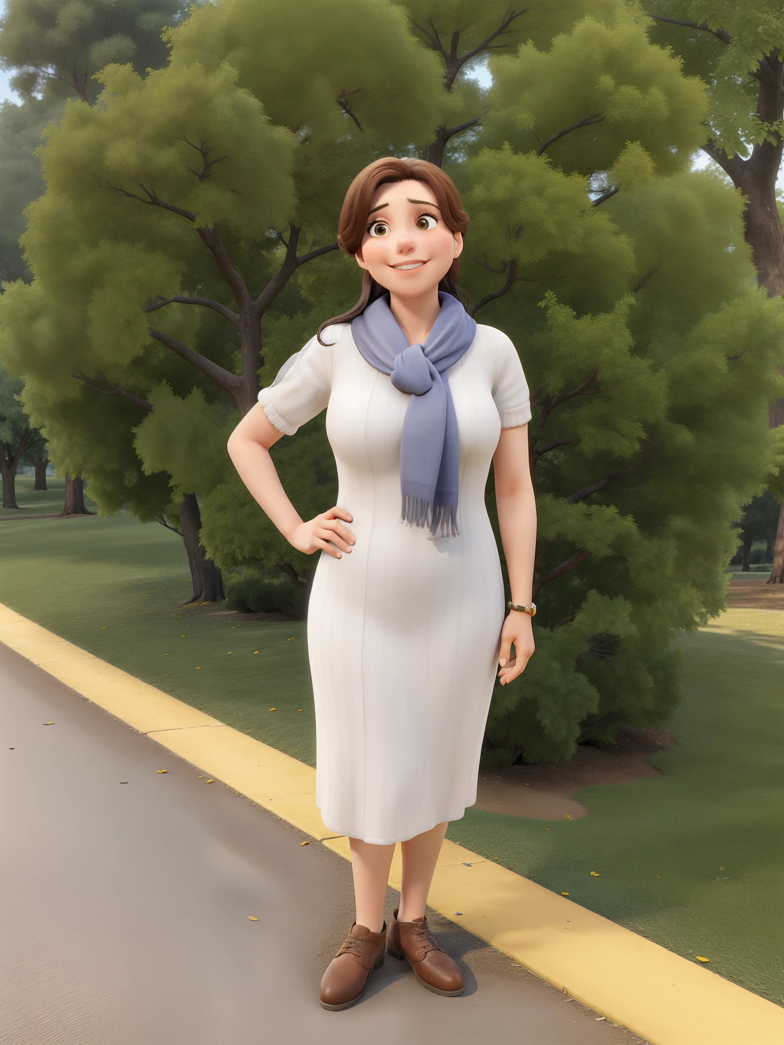 Obra-prima, de melhor qualidade, A young woman in a scarf, vestindo um vestido vermelho , Standing in the park