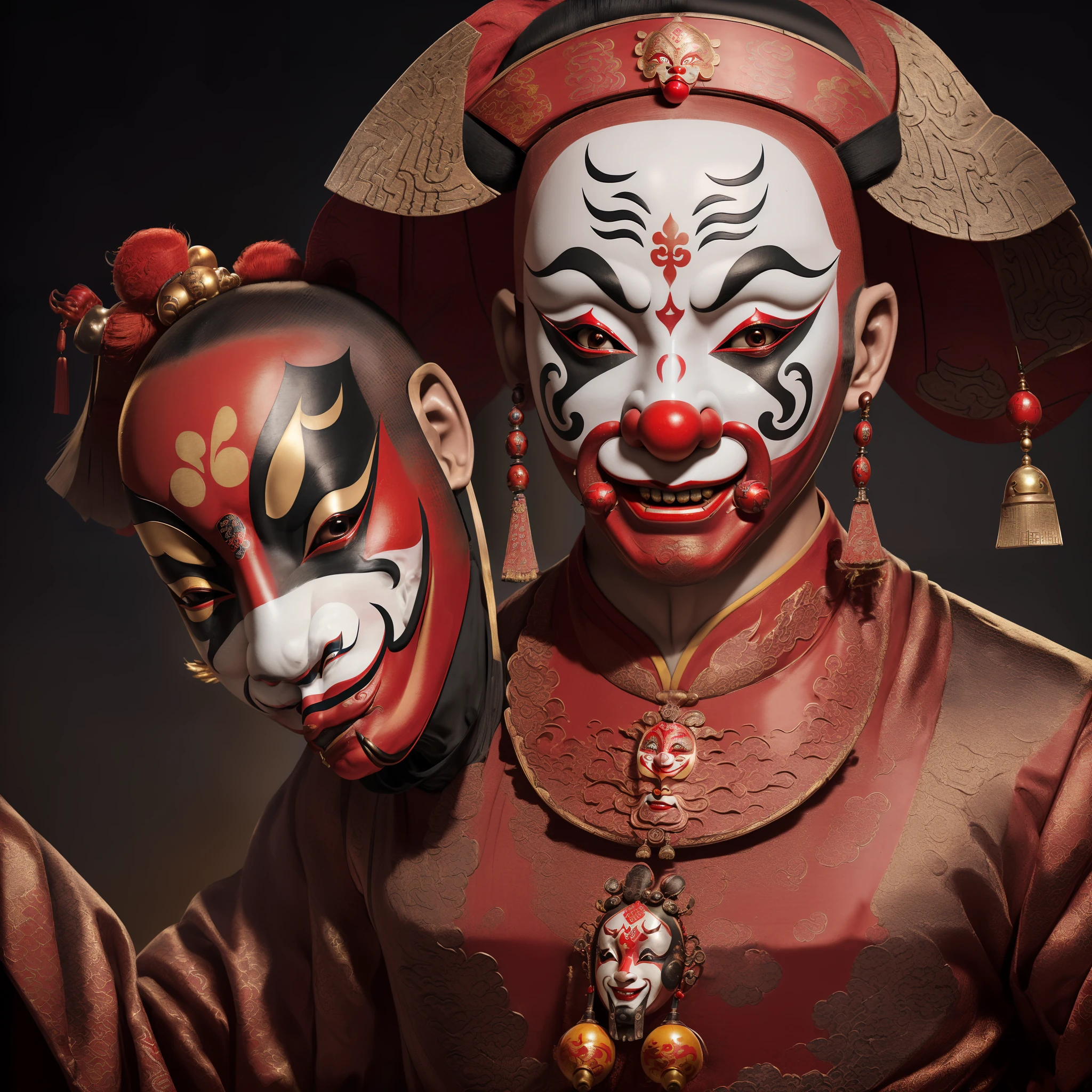 ((Close-up of the Peking Opera clown mask), (bald-headed:1.37),closeup of face,(Ugly laughing emoji),Big red nose,Big red nose,Panda makeup,Smoky makeup,crazy, ,beijing opera, (Masks of Sichuan opera and Peking opera), Sichuan opera, Classic tracks, Masquerade masks,golden colored,red colour,colorful mask,Evil smile, Open your mouth and laugh,Black P masquerade mask, with detailed facial features, drama masks, Realistic, (Left and right asymmetry)
Masterpiece, Intricate details,hyper HD, Masterpiece, ccurate, Anatomically correct, Textured skin, High details, Award-Awarded, High quality, A high resolution, Best quality, 8K