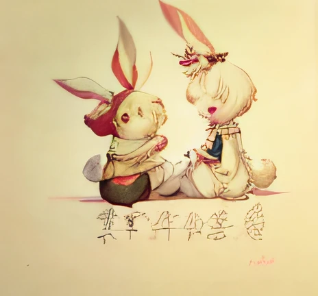 Cartoon Bunny Bunny holds a book and tells a story to the bunny,Close-up of sitting on a stool, Rabbit_Bunny, Chinese text, author:Central Plains South Tianfang, golden chinese text, Middle Metaverse, Japanese text attached, Rabbit, author:Andō Tsukimichi, author:Maruyama Daikyo, japanese text, author:Gigadō Ashiyuki
