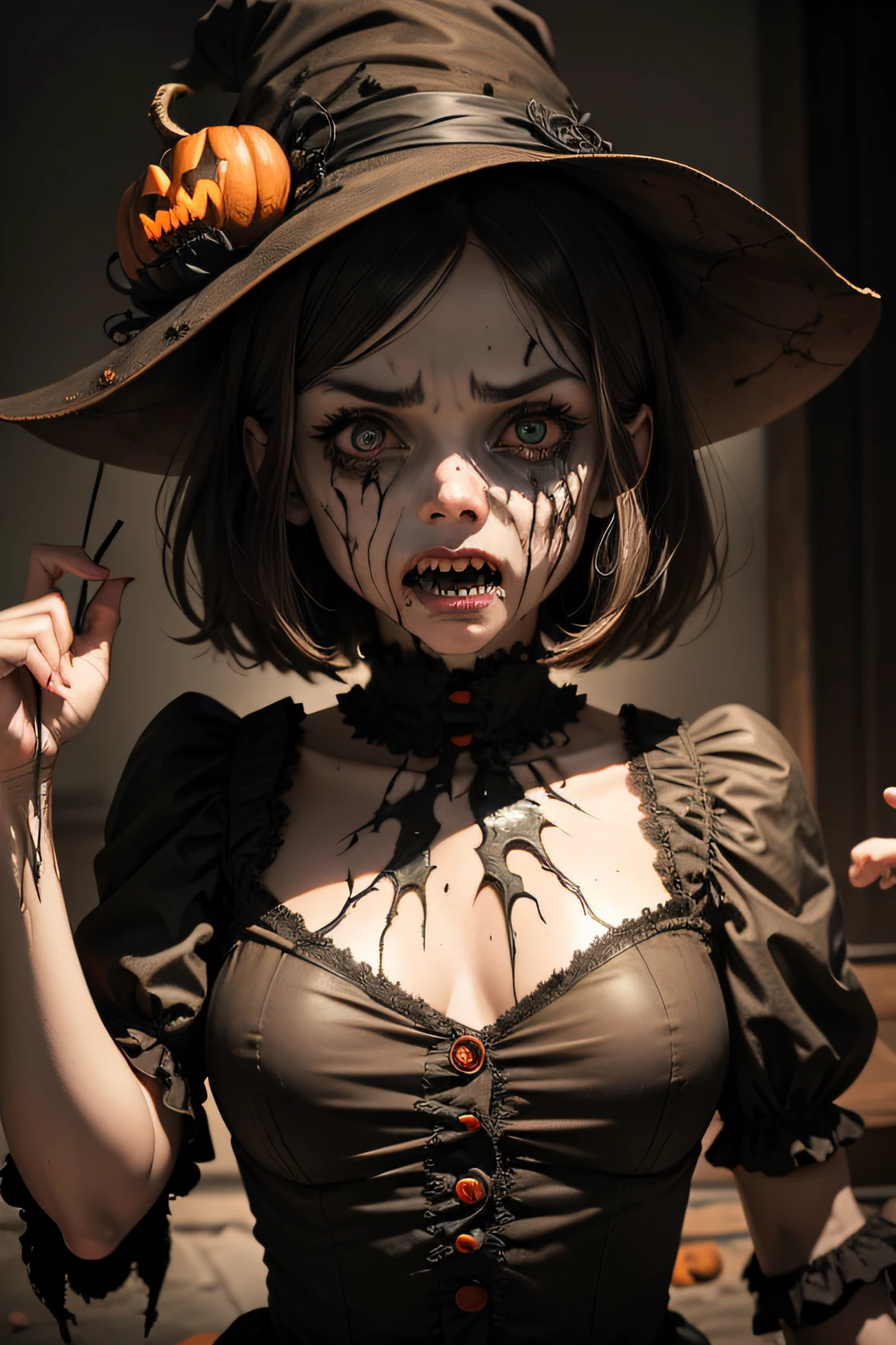 A scary and very disturbing Halloween scene, full of detail and texture. It's awful and beautiful at the same time