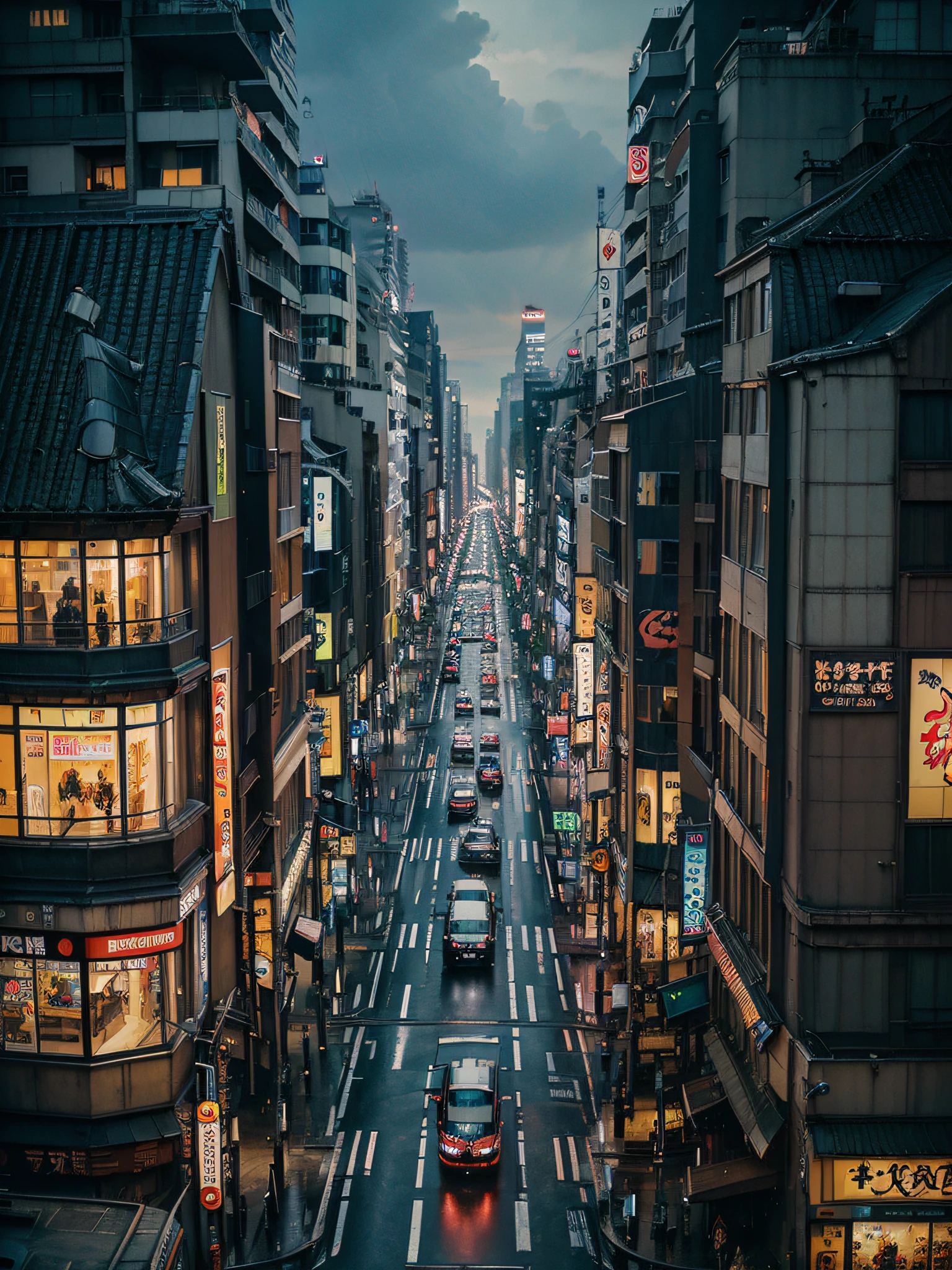 ((masterpiece)),((best quality)),((high detial)),((anime art,)) aerial view, metropolitan city, junction with buildings, architectural streets, neon light, night, pedestrian, rainy days, steampunk, japanese shibuya,