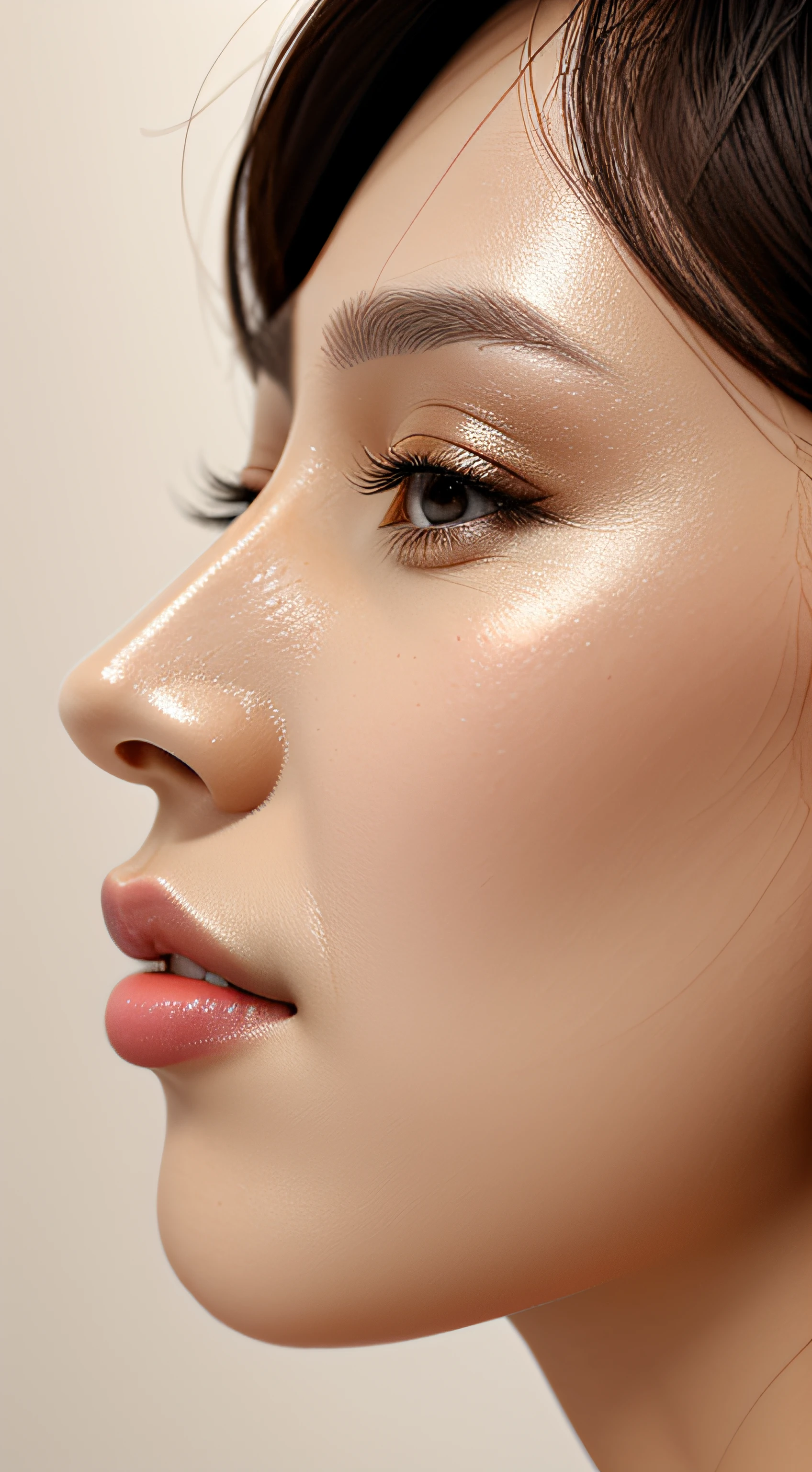 masutepiece,,award - winning photo, Extremely detailed, edgOrgasm,Face Focus Face、35 year old、A dark-haired、Glossy skin、Close-up of face,(Super close-up of nose,Face shot),low angles:1.5,(Realistic nostrils)、Lens Distortion Removal、Reproduction of pores、profile、1girl in,Beautiful woman with straight nose、short cut hair、