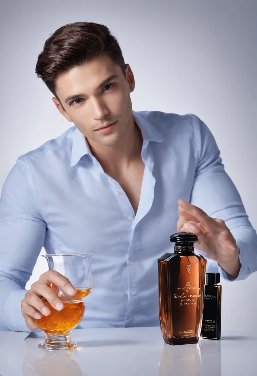 um homem segurando exuberante frasco de perfume, cinemactic, fotografia profissional, studio illumination, studio background, advertising photography, detalhes intrincados, hiper-detalhado, Ultra realista, 8k UHD