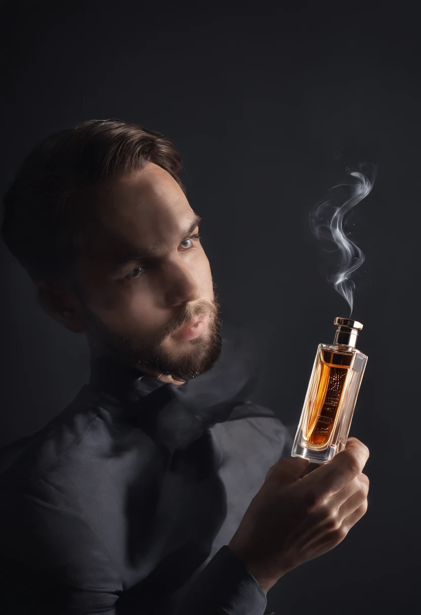 um homem segurando exuberante frasco de perfume, cinemactic, fotografia profissional, studio illumination, studio background, advertising photography, detalhes intrincados, hiper-detalhado, Ultra realista, 8k UHD