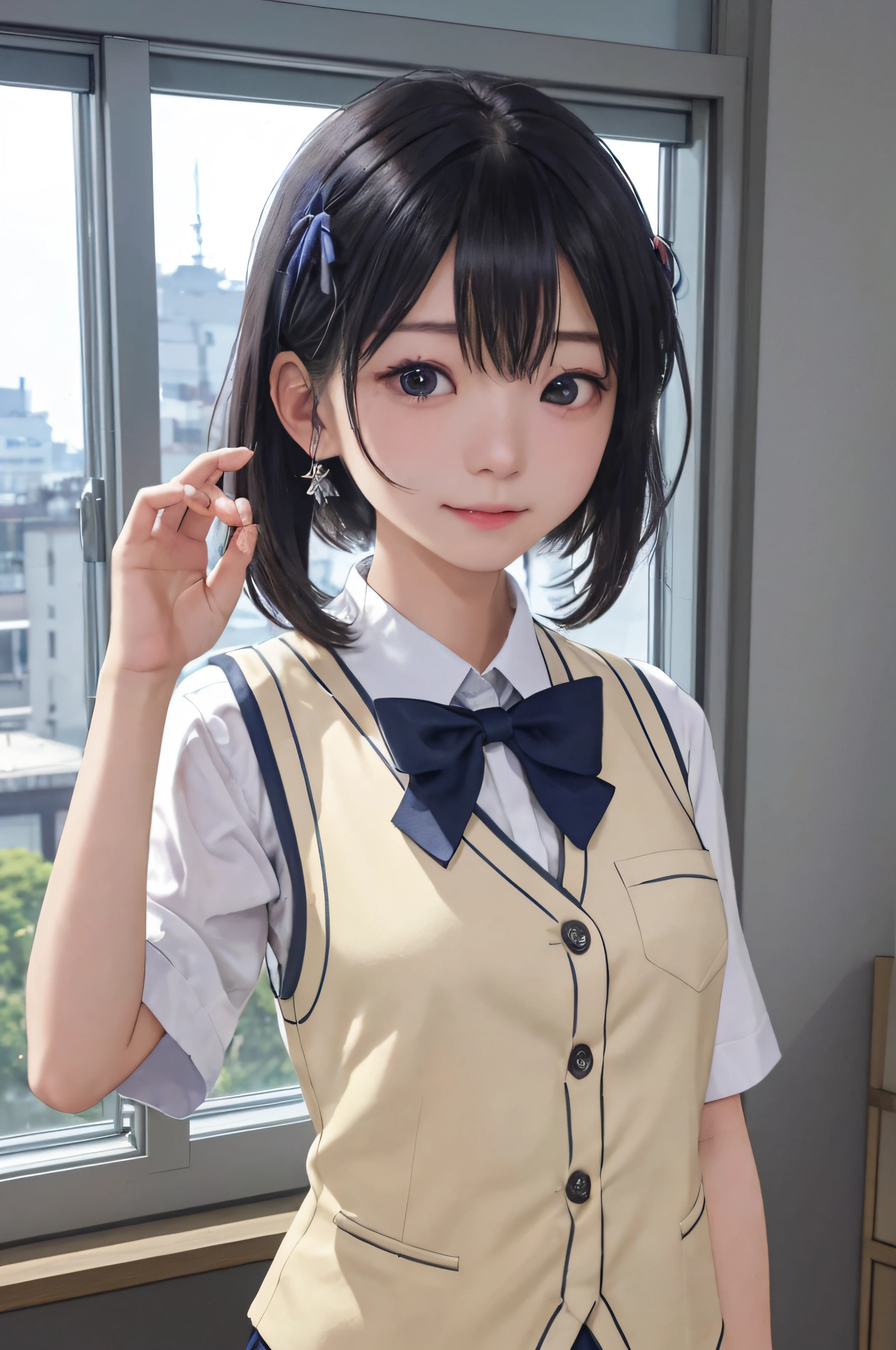 RAW image quality、8K分辨率、Ultra-detailed CG footage、女の子1人、18year old、vests、Medium size、Change of clothes、Delicate figure、the bow、a picture、realisticlying、top-quality、adopt、A detailed face、s Office、Building from the window、细致背景、diffuse sunlight、depth of fields、Bokeh