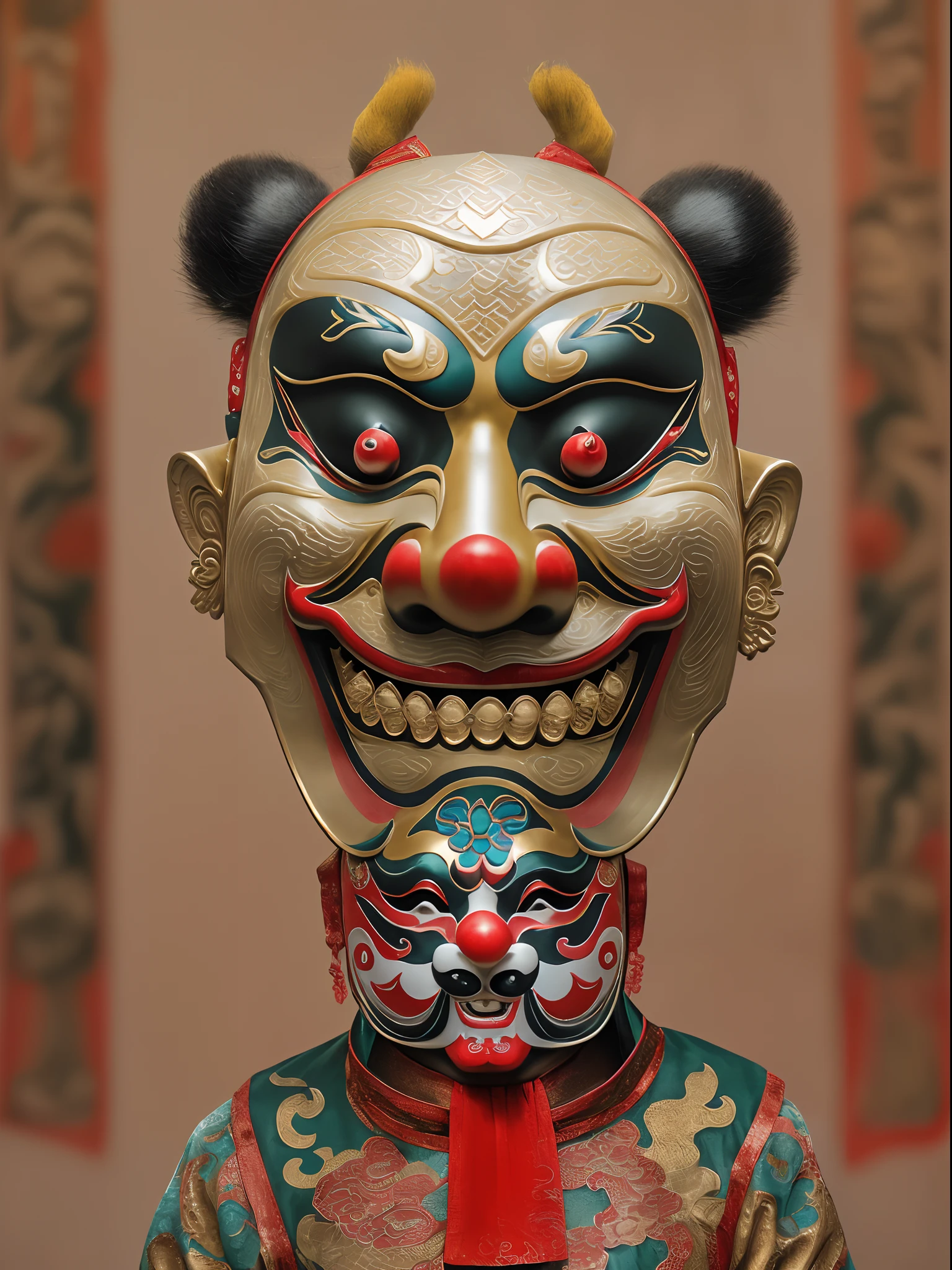 ((Close-up of the Peking Opera clown mask), (bald-headed:1.37),closeup of face,(Ugly laughing emoji),Big red nose,Big red nose,Panda makeup,Smoky makeup,crazy, ,beijing opera, (Masks of Sichuan opera and Peking opera), Sichuan opera, Classic tracks, Masquerade masks,golden colored,red colour,colorful mask,Evil smile, Open your mouth and laugh,Black P masquerade mask, with detailed facial features, drama masks, Realistic, (left right symmetry)
Masterpiece, Intricate details,hyper HD, Masterpiece, ccurate, Anatomically correct, Textured skin, High details, Award-Awarded, High quality, A high resolution, Best quality, 8K