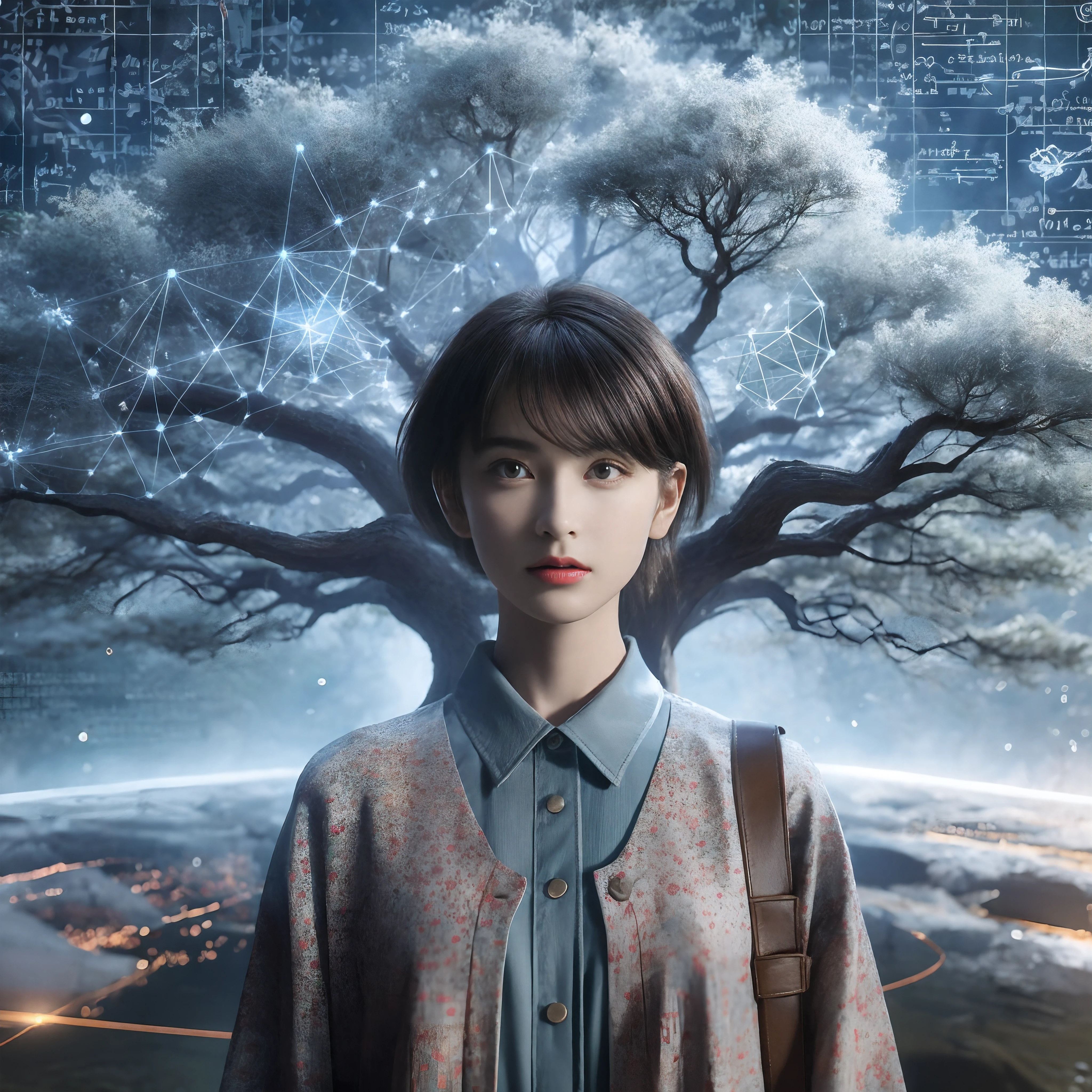 Photo with realistic starry sky in the background. In the foreground, There are ancient trees that have a structure similar to the neural network of brain cells. The lush vegetation surrounding the tree is、、Reflect on the structure of the brain. This tree is located in the、、It has a three-dimensional structure with edges and nodes. At the root, The node has a「Geometry」It is labeled as follows。。. In the trunk「set theory」The node is located in the, 「algebra」, with  the「logic」. On the lower branches、、「Numbering system」For this、It contains nodes for the following fields, 「trigonometry」, with  the「Real-world analysis」. On the central branch of the tree、「Differential equations」Node to the, 「game theory」, and more. On the upper branches、「applied mathematics」Node to the, 「linear algebra」, with  the「number theory」. The constellation line extends from each node, Connecting to Lines from Other Fields, Forming a complex network of mathematical disciplines