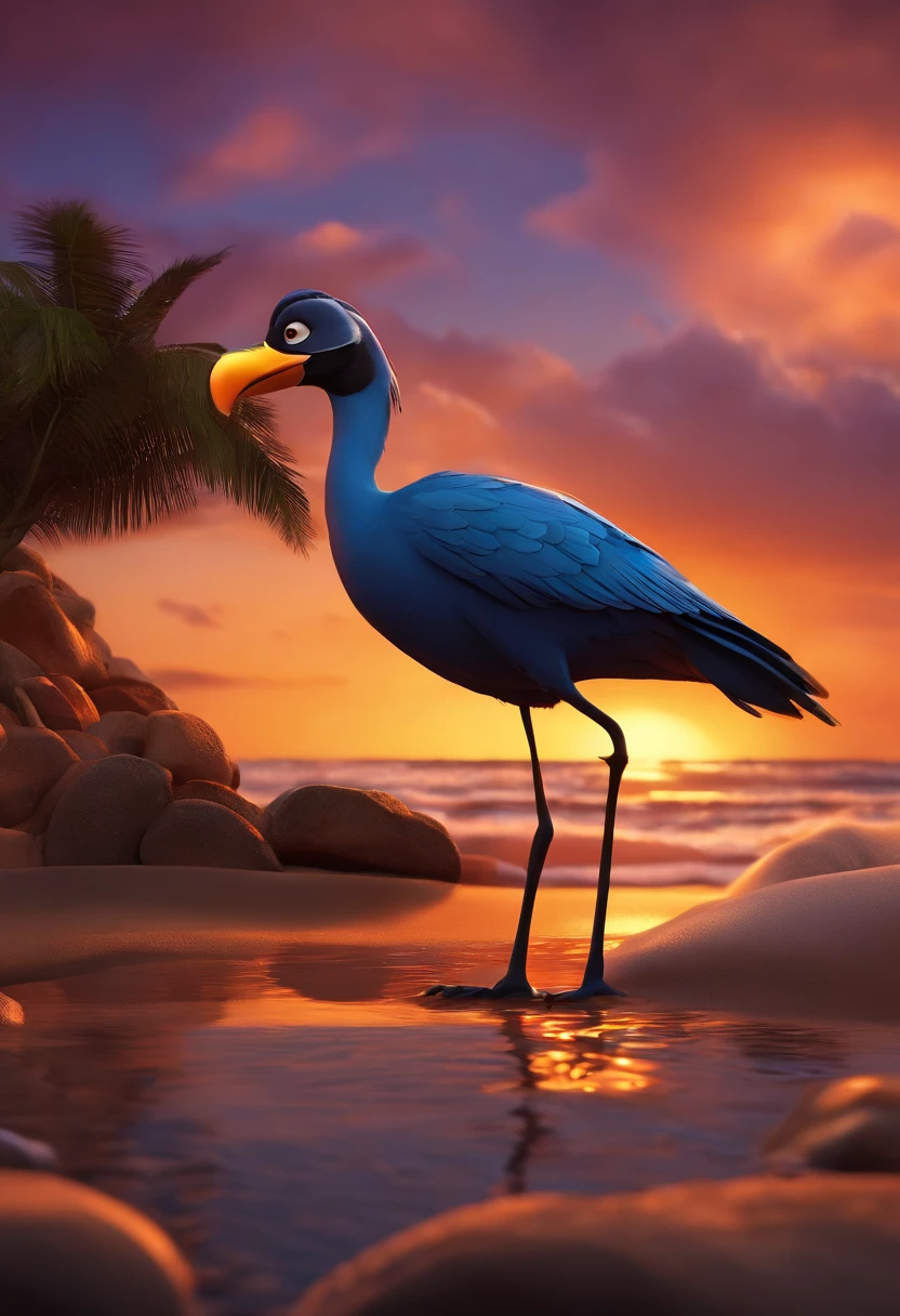 Make an icon, Make an Ankara Bird, Pássa Anumará is black, He's enjoying the sunset on the beach, He's at a beach party, como Disney Cartoon, He's got a caipirinha in his hand, Pixar, ..3d, Disney,