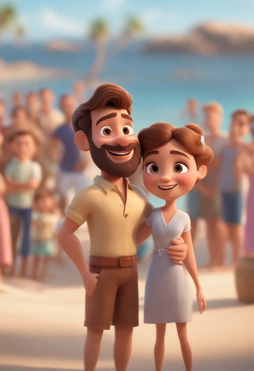Cartoon man with brown hair and brown beard in front of a crowd, 3D animated film, animation film, Pixar 3D-Animationsstil, pixar renderman rendering, Maia 8 Mil, animation film, Disney Pixar Estilo 3D, With a smile on my face and standing on the beach, Em outra foto, The same guy hugs his girlfriend with his blond hair up