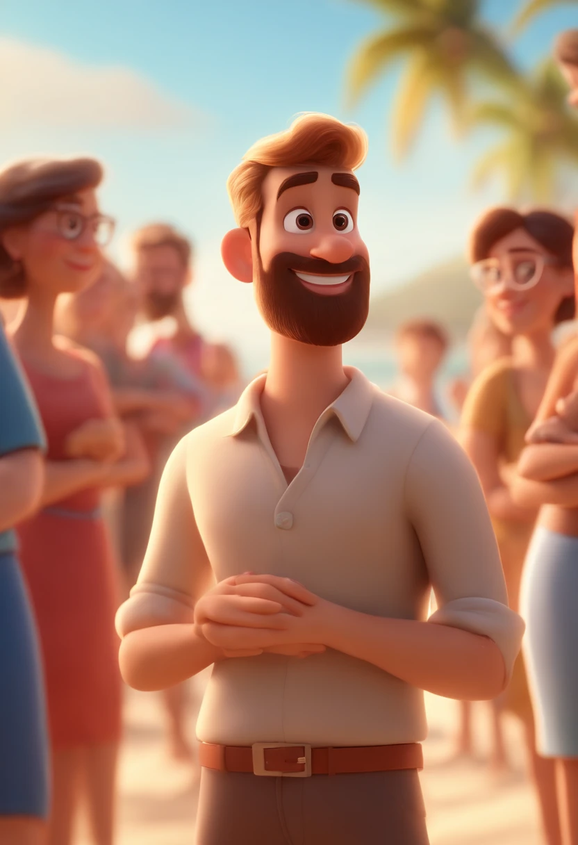 Cartoon man with brown hair and brown beard in front of a crowd, 3D animated film, animation film, Pixar 3D-Animationsstil, pixar renderman rendering, Maia 8 Mil, animation film, Disney Pixar Estilo 3D, With a smile on my face and standing on the beach, Em outra foto, The same guy hugs his girlfriend with his blond hair up