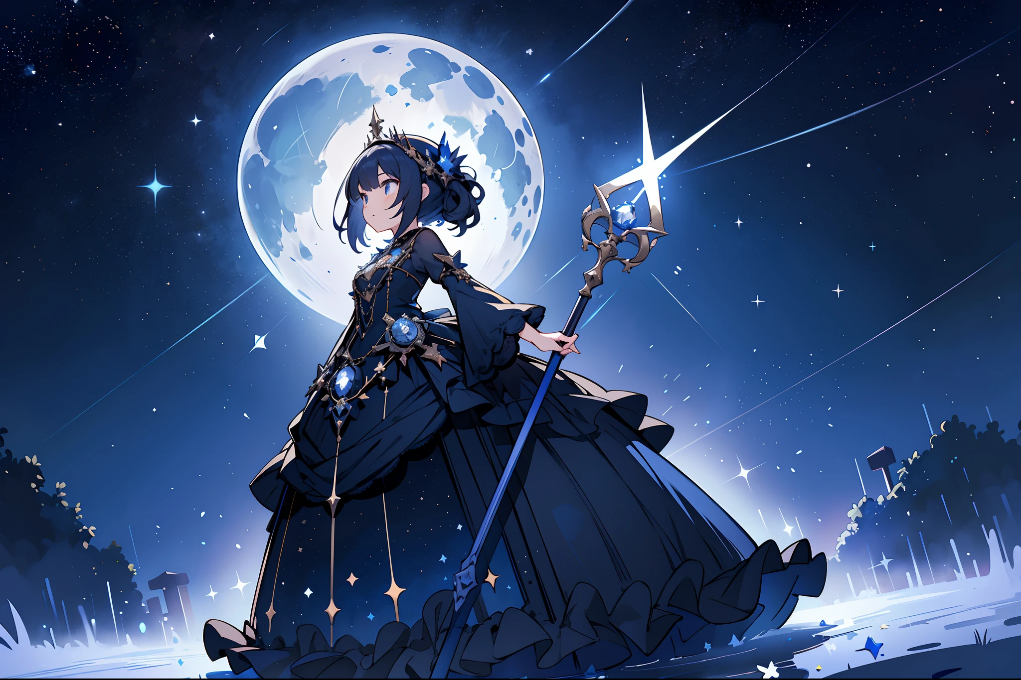 Stars like dust, Starry sky undercurrent, immortal sun and moon, dark blue theme, gothic dress, a girl holding long staff, starry dress, rococo style, flawless line work, shiny, delicate flowers, gigantic scale, milky way, transparency style,
