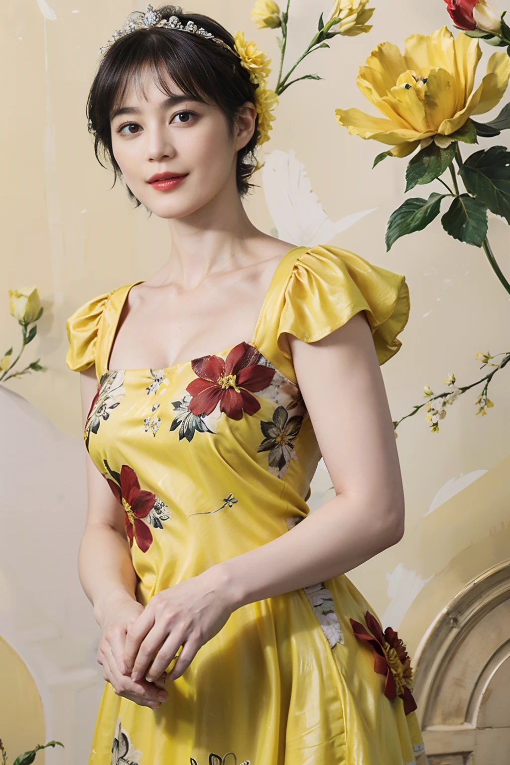 79
(20-year-old princess,is standing), (A hyper-realistic), (masutepiece), ((short-hair:1.46)), (Smooth black hair), (Breast:1.0), (kindly smile:0.9), (Yellow and red floral dress:1.46), Majestic Palace, Orange Lipstick