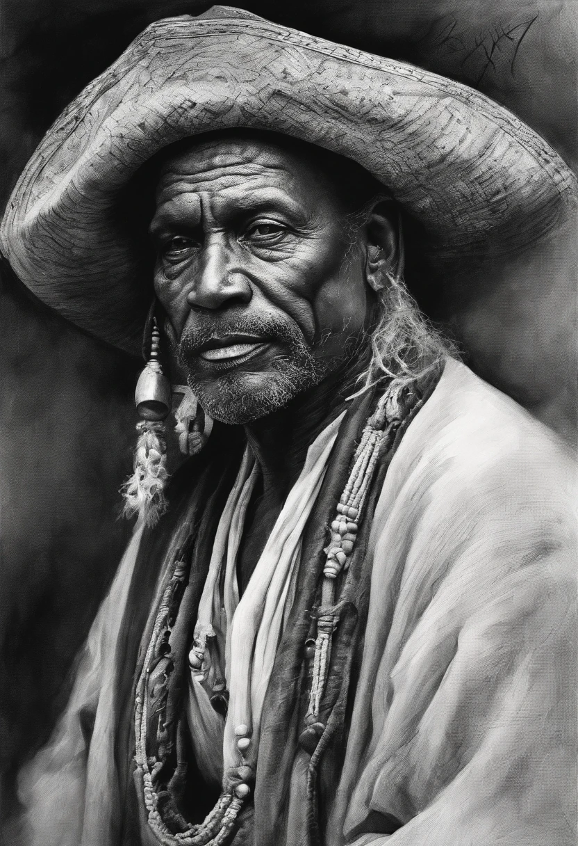 Art noir et blanc un gitan hindou en robes de pirate noires typiques sans chapeau de beaux paysages, Grande profondeur de champ, art numerique, шедевр, UHD quality". JdR, monochromatique