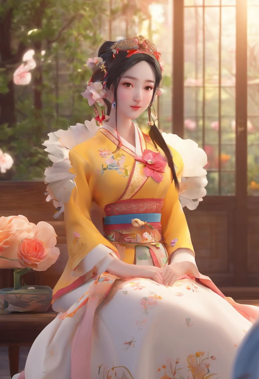 best quality, High_resolution, diferente_imagem, Antecedentes detalhados ,garota, Hanbok,flor,Jardim,lua, Noite,Dutch angle, tiro largo, coroa,