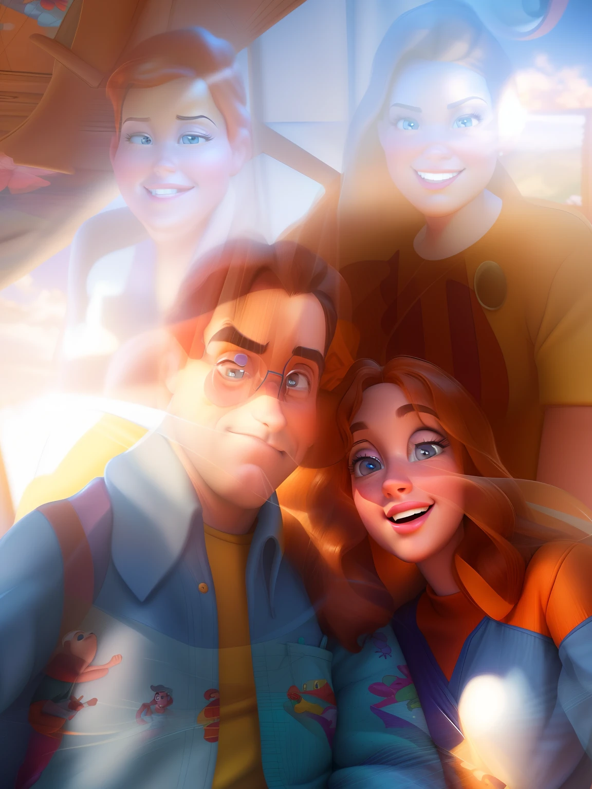 there is a man and a woman that are posing for a picture, pixar retrato 8 k foto, Disney fotorrealista, estilo pixar dos desenhos animados, retrato pixar, Pixar e Disney Estilo 3D, in style of disney animation, Estilo dos desenhos animados da Pixar, Disney Pixar Estilo 3D, close - retrato facial de cima, no estilo da Disney Pixar, Pixar Arte 3D, estilo de arte realista