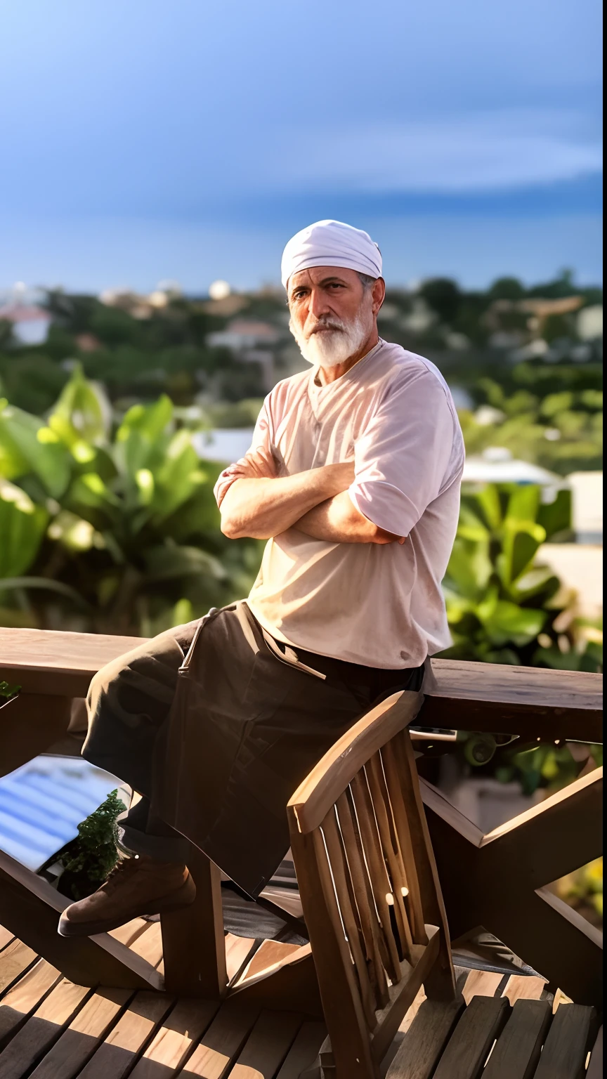 There is a man sitting on a bench with his arms crossed, overalls and a white beard, foto de retrato, morning hard light, foto retrato, senta-se em um telhado, Retrato de esconder a dor Harold, nice afternoon lighting, retrato, bloqueando o sol, Esconda a dor Haroldo, full morning sun, morning, cool looking, Retrato no meio da foto, mid portrait, bela vista