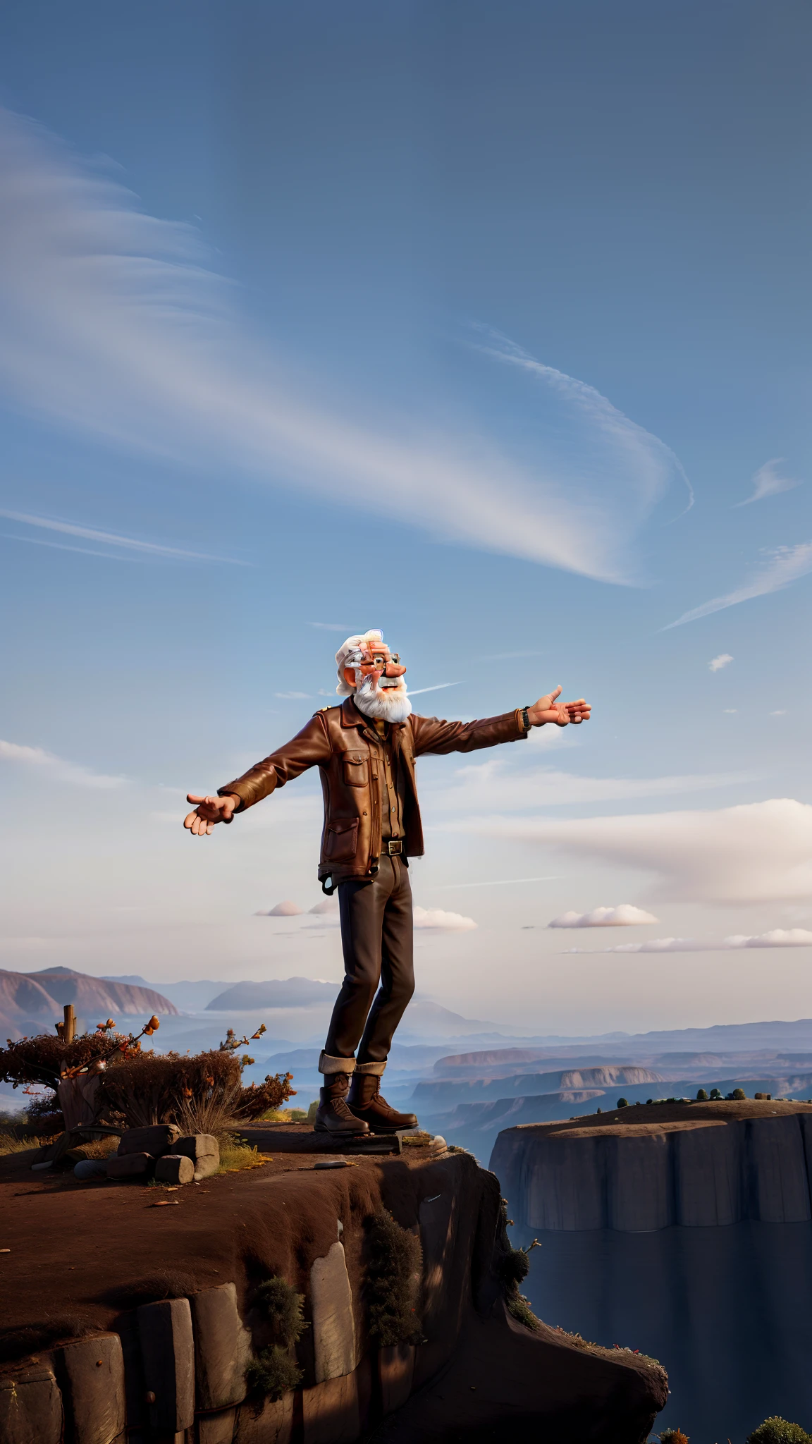 masterpiece, best quality, an old man with white beard and long brown hair, wearing a leather jacket and black jeans, standing beside his motorcycle
