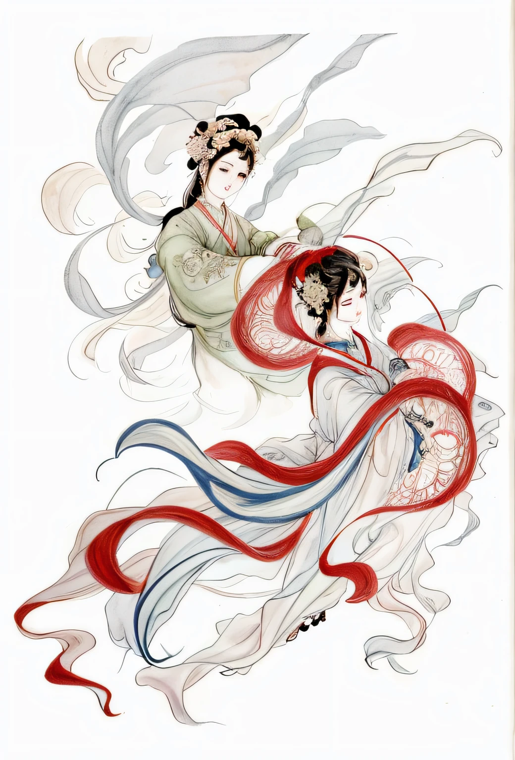 （Illustration in the style of the Dunhuang flight scene：1.5）, 2 Ancient beauties，ancient china art style, Traditional Chinese art, ancient chinese beauti, Chinese mythology, an ancient Chinese goddess, Chinese painting style, inspired by Yun-Fei Ji, Chinese style painting, Traditional Chinese painting, Chinese fantasy, Chinese art, Wearing ancient Chinese clothes, inspired by Park Hua, inspired by Zhang Wo