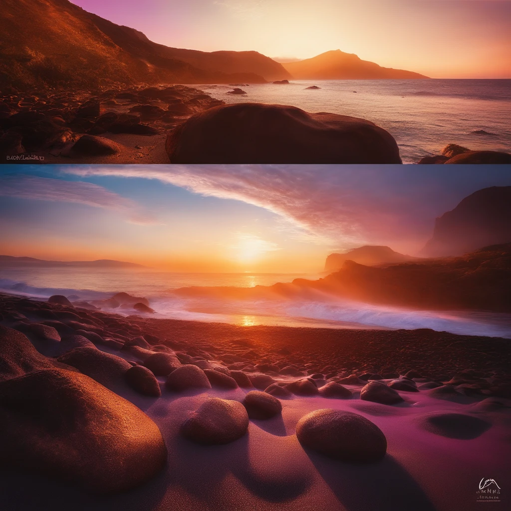 (master part, best quality:1.4), Cinematic light, colorido, alto contraste, neon light, heaven, sunlight, space, Praia, Onda, sem pessoas, Fotografia de paisagem expansiva, (a view from below that shows the sky above and the sea below wear a lot of purple and orange, Detalhes, warm colors and vibrant Japanese anime style