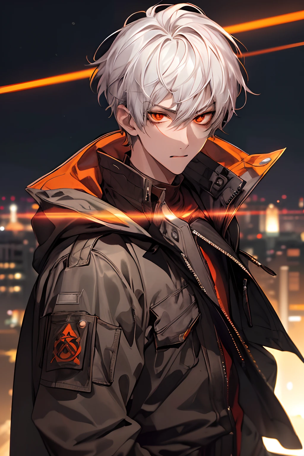 {{top-quality,​masterpiece,8k wallpaper}},top-quality,Ultra-detailed CG Unity,Cinematographic lighting,((1 teenager)),a handsome,youthfulness,a 20-year-old boy,slender,Looking at the camera,agitate,put out the tongue,make light of,close up of face,{{Sunburned skin,Brown skin,Arab}},sharp gaze,((Red and orange eyes)),On top of the buildings of Cyberpunk City at night,platinum silver hair,short-haired,parka,head phone,perfect hand,dark boy.