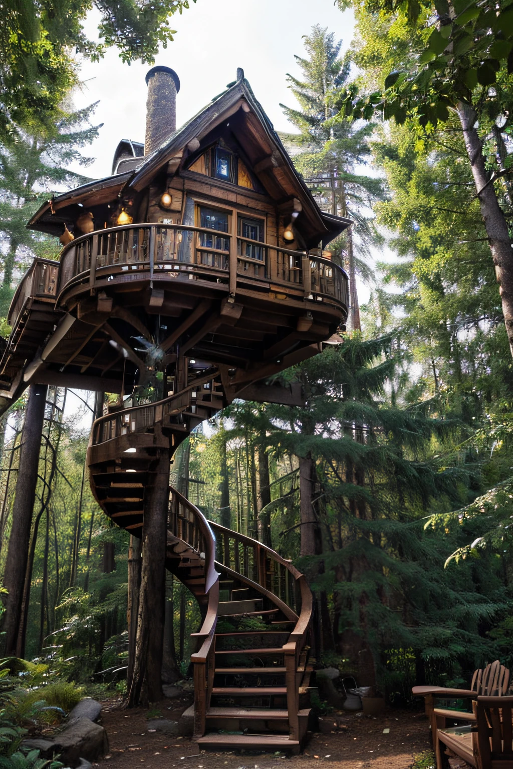 The Witch's Treehouse,High treetops,Magic Tree House,Built on a large tree,Wooden structure,Transparent sunroof,Curved staircase,Hidden entrance,sorcerer magic witch,Magic herbs,magic rune,Witchcraft alchemy,Magic Studio,Magic Wand,Magic cooking,a sense of mystery,Green and purple colors,Magic Bottle Can,Enchanted Herb Garden,Magic crystals,Adorned with stars,Magic learning and experimentation,Divination and prophecy,Magical herb cultivation,Magic cooking,Strange display of collectibles