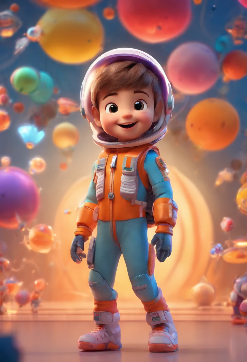 A cute ??? with short hair, wearing a space costume, standing against a white background. The kid has a happy expression on their face. The art style should resemble the Pixar animation style, with detailed and asymmetrical features. The image should have a 3D effect, like in 16K resolution, and have a cartoonish feel to it. The lighting should be bright and cheerful, with vivid colors.