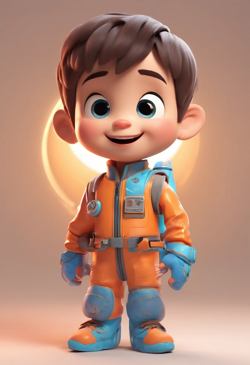 A cute with short hair, wearing a space costume, standing against a white background. The kid has a happy expression on their face. The art style should resemble the Pixar animation style, with detailed and asymmetrical features. The image should have a 3D effect, like in 16K resolution, and have a cartoonish feel to it. The lighting should be bright and cheerful, with vivid colors.