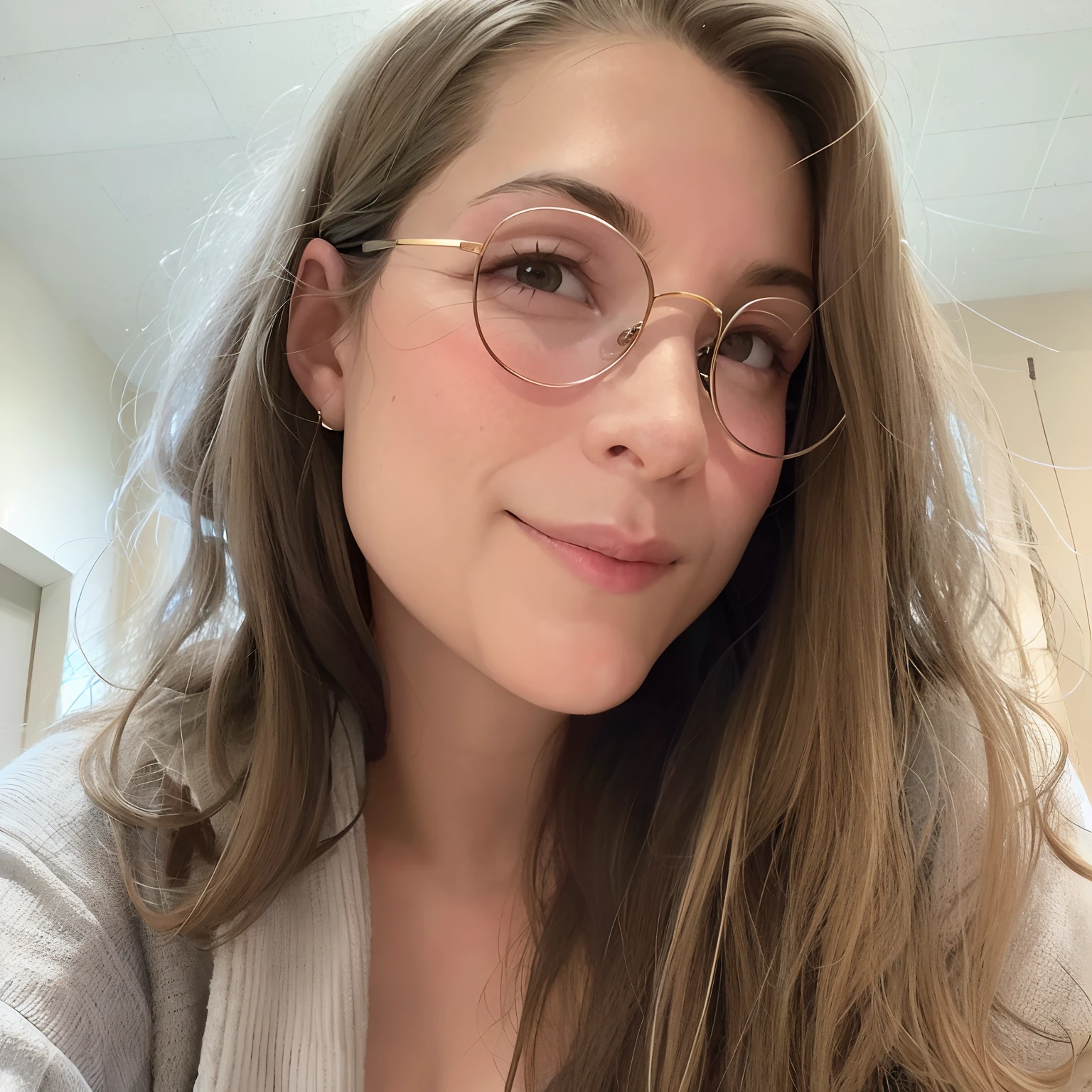 Il y a une femme avec des lunettes et un pull qui pose pour une photo, Photo de profil, Julia Sarda, Selfie d’une jeune femme, Portrait de haute qualité, porter de petites lunettes rondes, fille avec des lunettes, Kailee Mandel, prise au début des années 2020, fille portant des lunettes rondes, Emily Rajtkowski, léger sourire ringard, Meredith Schomburg