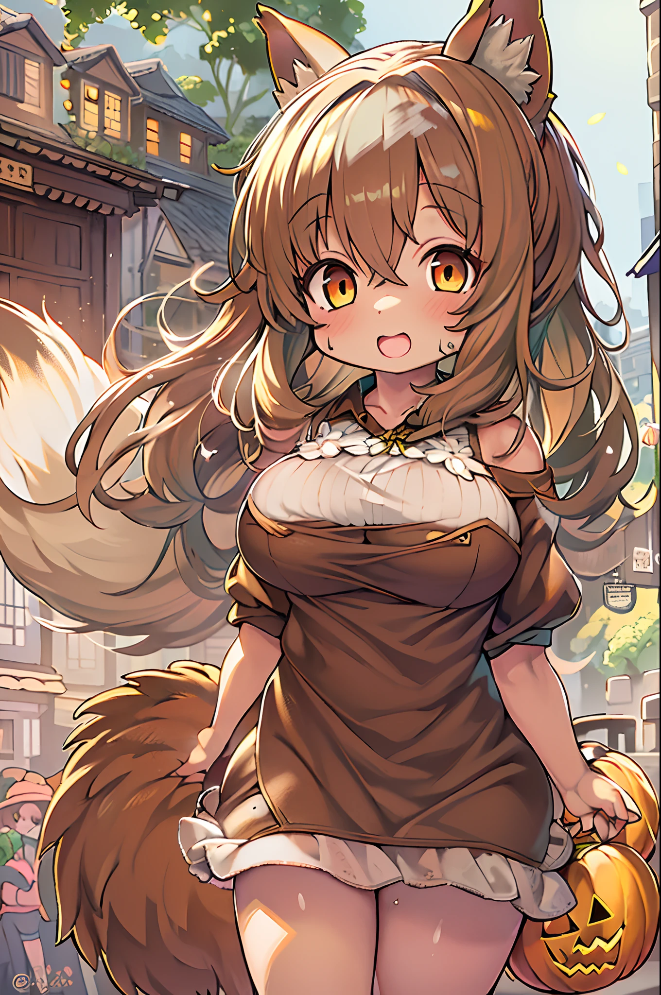 of the highest quality, 1girl in, (Skin Hollow), (large full breasts), (day), Bright, Background blur, Outdoors, (Street:0.6), (hair:1.5), (Blouse:1.5), Gorgeous, (Hair float:1.5), Soft light, Wind, garden, Street,Fox, (Monster Girl), long brown ears with a dark brown inside,,,,,, brown fur, Sunburned neck fluff, brown fluffy tail with a yellow-brown tip,,,,,, Big brown eyes, wearing modest clothing, masutepiece, Best Quality、Nanachi、Chibi、huge-breasted、bbw、Ultramammy、Halloween、Happy halloween