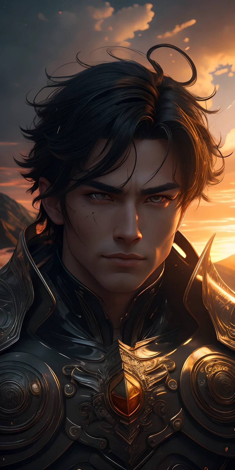 masterpiece portrait, best quality, ultra-detailed, single person standing on a mountain, sunset, dramatic sky, dynamic pose, short hair, casual clothes), happy facial expression, dynamic angle, red eyes, yellow eyes, heterocromia, black hair, veil, beautiful face, water drops, Moonlight highlights your muscles and scars. The scenery is lush and mysterious, messy hair, muscular constitution, 8k, 64k, HD, incomparable masterpiece, dynamic lighting, cinematic, epic digital art of the highest quality, stunning art, 4k wallpaper, serious feature, looking at the viewer, black hair, male character