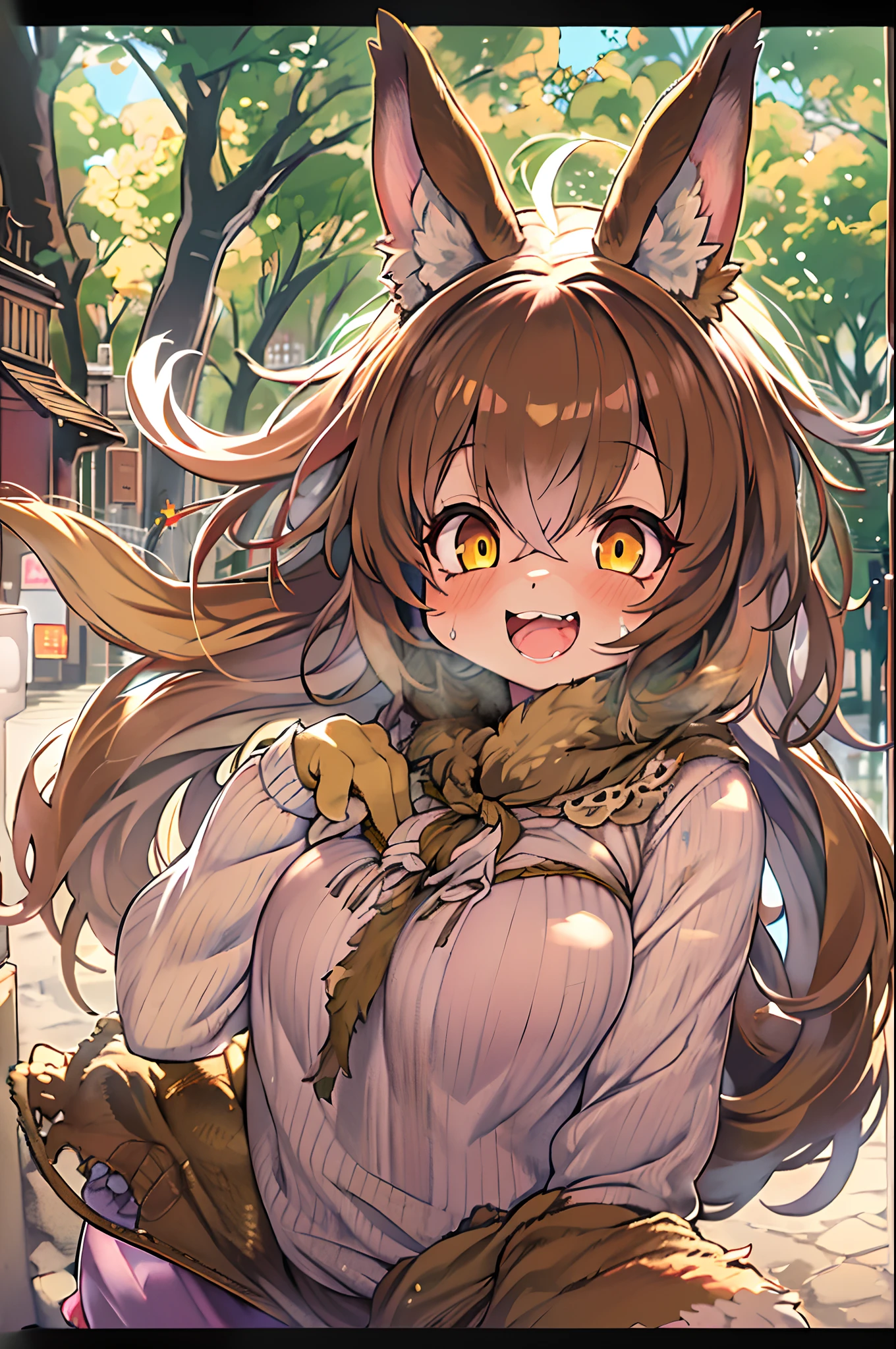of the highest quality, 1girl in, (Skin Hollow), (large full breasts), (day), Bright, Background blur, Outdoors, (Street:0.6), (hair:1.5), (Blouse:1.5), Gorgeous, (Hair float:1.5), Soft light, Wind, garden, Street,Fox, (Monster Girl), long brown ears with a dark brown inside,,,,,, brown fur, Sunburned neck fluff, brown fluffy tail with a yellow-brown tip,,,,,, Big brown eyes, wearing modest clothing, masutepiece, Best Quality、Nanachi、Chibi、huge-breasted、bbw、Ultramammy、Halloween、Happy halloween