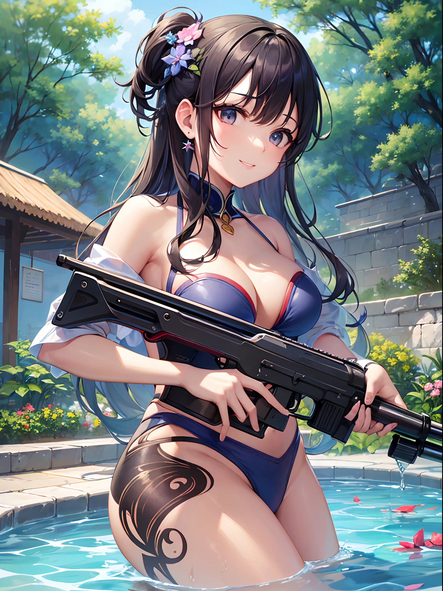 ((Finest quality)),(超A high resolution),(ultra-detailliert),(Meticulous portrayal),((best pictures)),(Finest works of art),Ultra-Precision Art,The art of astounding depiction, in poolside:1.5,suns:1.3(1人の女性:1.5),A water gun shooting a water gun at the viewer,,a smile,swim wears