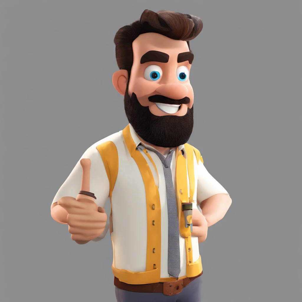 Criar um personagem no estilo Pixar. Trata-se de um homem de 30 anos, com barba, negro, com cabelos castanhos curtos e um quiff, e olhos castanhos. Ele deve estar na frente de um computador, Trabalhar como programador