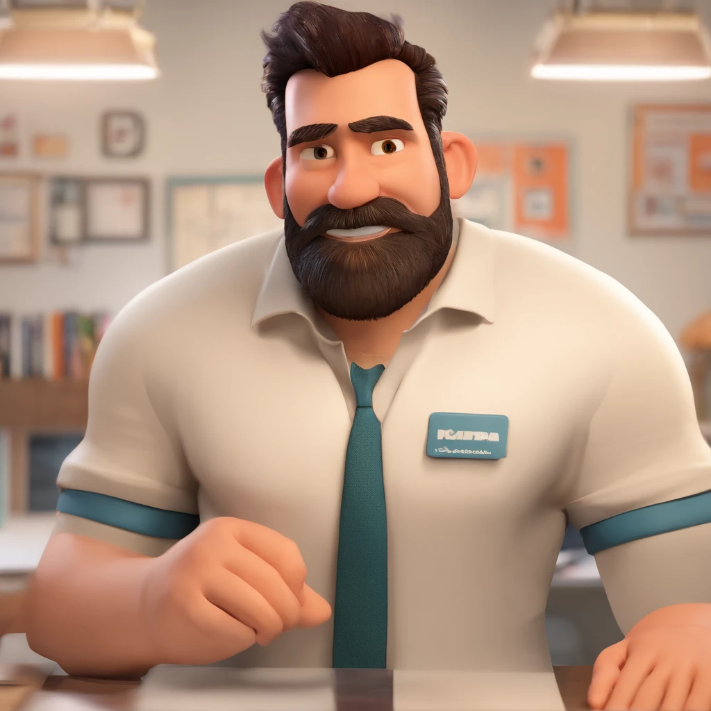Criar um personagem no estilo Pixar. Trata-se de um homem de 30 anos, com barba, negro, com cabelos castanhos curtos e um quiff, e olhos castanhos. Ele deve estar na frente de um computador, Trabalhar como programador