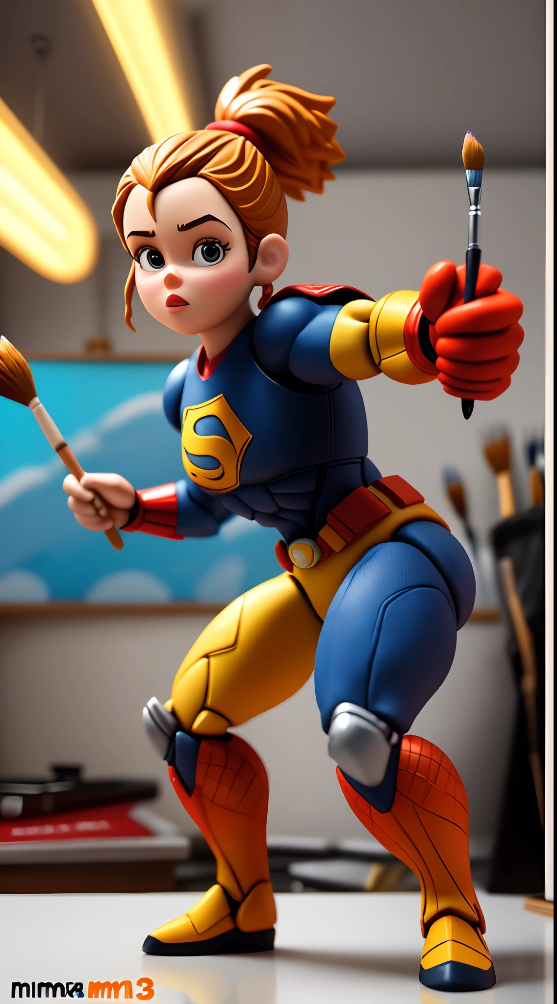 Create a Pixar movie-style poster of an artist holding a superhero action figure in one hand and a paintbrush in the other hand. e uma impressora 3d @buga3dmk na mesa imprimindo um action figure, com fundo da imagem cheia de prateleiras de action figure