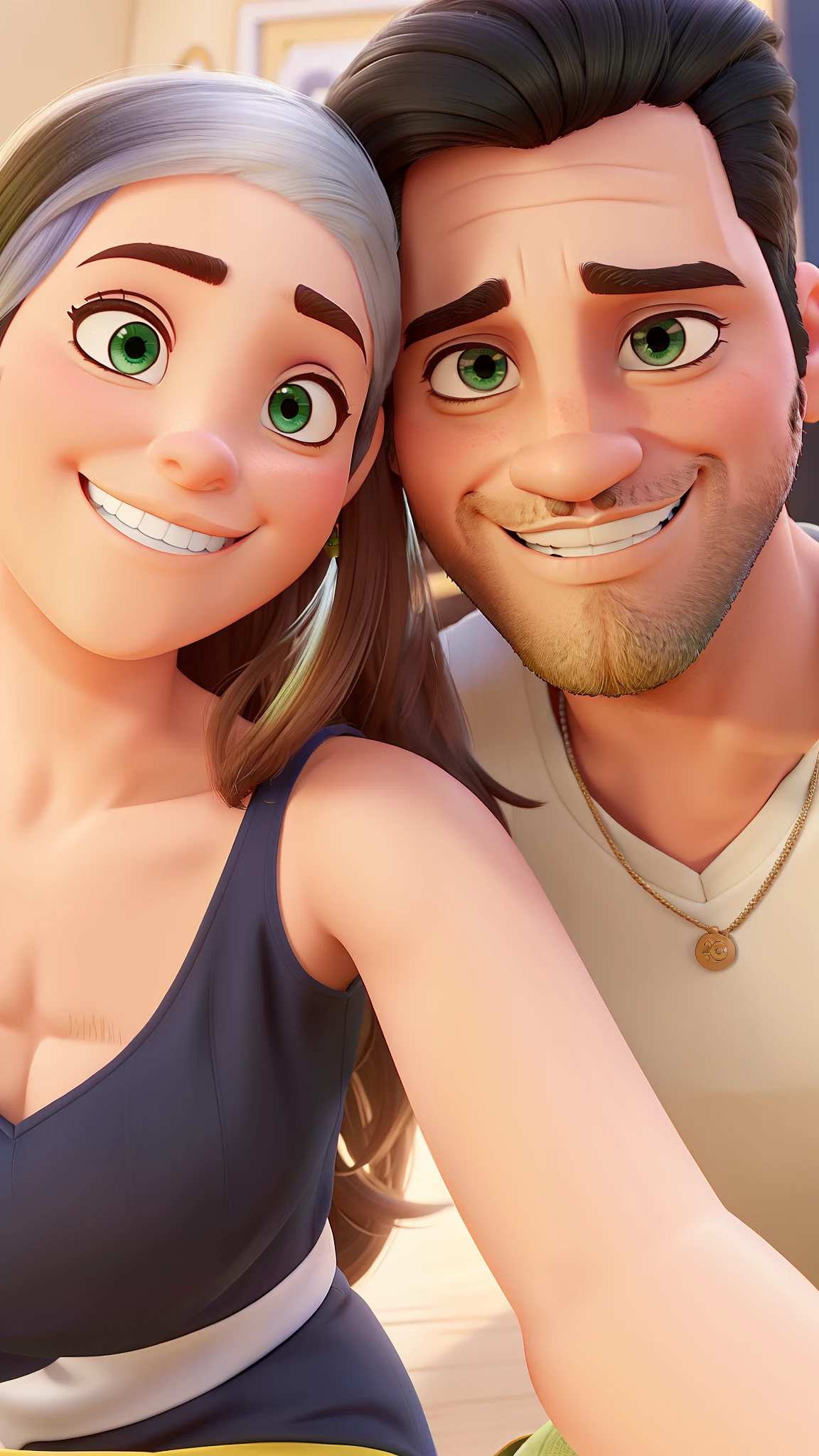 casal no estilo disney pixar, homem moreno de barba e cabelo preto de olhos castanhos, mulher com cabelos loiros dos olhos verdes, alta qualidade, melhor qualidade