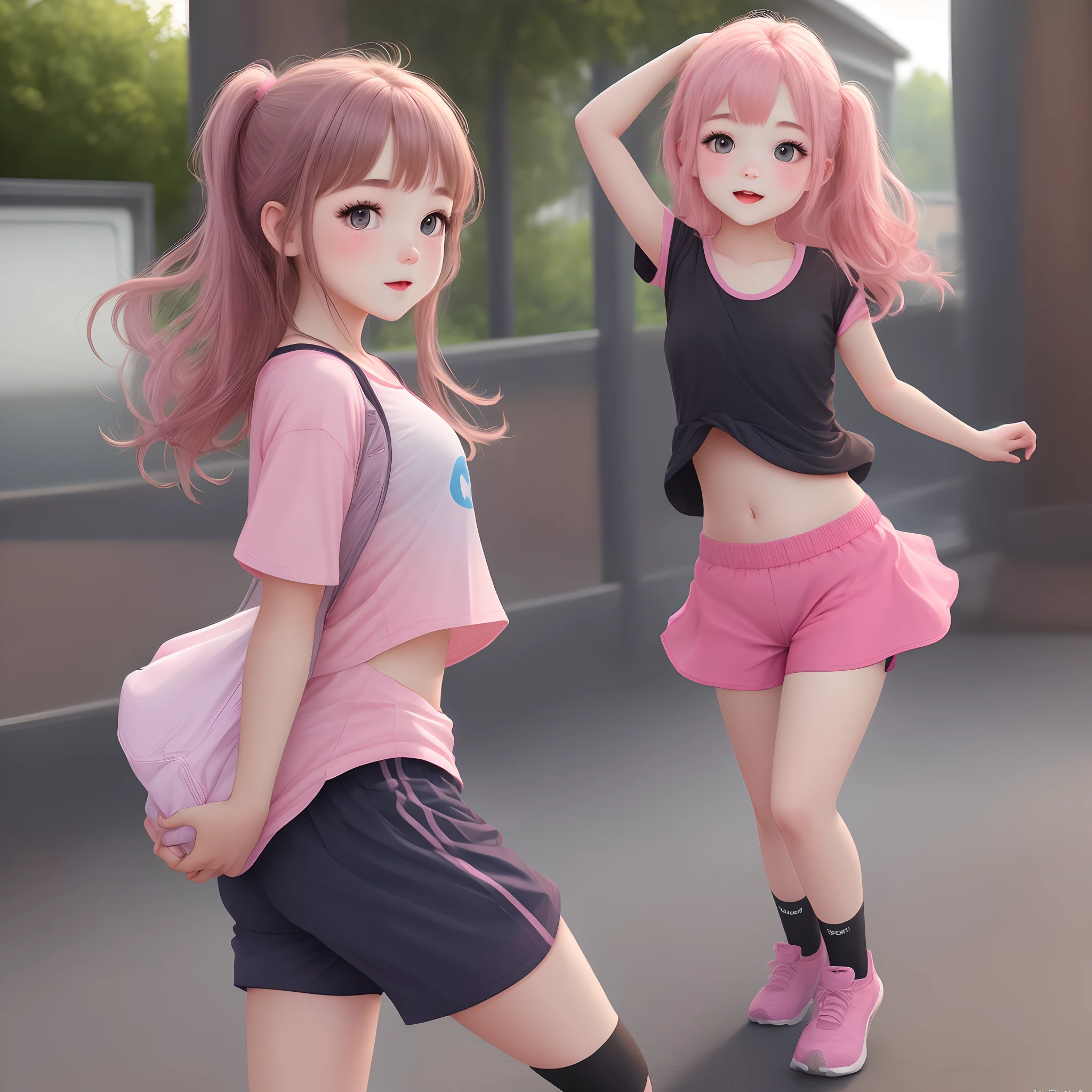 8k quality, very cute and beautiful young girl, skirt lifted, active shorts, pink color