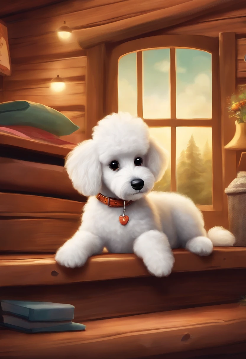 Create posters inspired by Disney Pixar movies, White Poodle puppy, Sad puppy in the cabin. The title of the poster is: "Pippo searches for a lost home" Digital art should be Pixar style, Reminiscent of animated feature films.