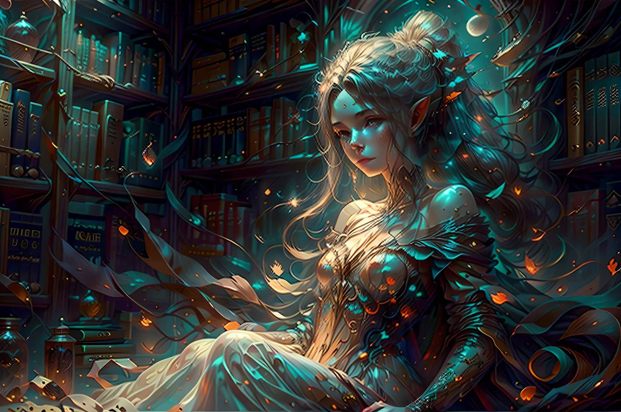 a picture of vampire elf in her castle, an exquisite beautiful female vampire elf in her library, full body (ultra detailed, Masterpiece, best quality), ultra detailed face (ultra detailed, Masterpiece, best quality), (orange skin: 1.3) , blond hair, hair in a ponytail, long hair, blue eyes, cold eyes, glowing eyes, intense eyes, small pointed ears, smirking, smile with [drops of blood on face] (ultra detailed, Masterpiece, best quality), dark red lips, [vampire fangs], wearing white dress (ultra detailed, Masterpiece, best quality), dark blue cloak, high heeled boots in dark fantasy library, book shelves, high details, best quality, 8k, [ultra detailed], masterpiece, best quality, (ultra detailed), full body, ultra wide shot, photorealism, luis royo style, dark fantasy art, moon light coming through the window, moon rays, gothic art, sense of dread, sense of seduction,