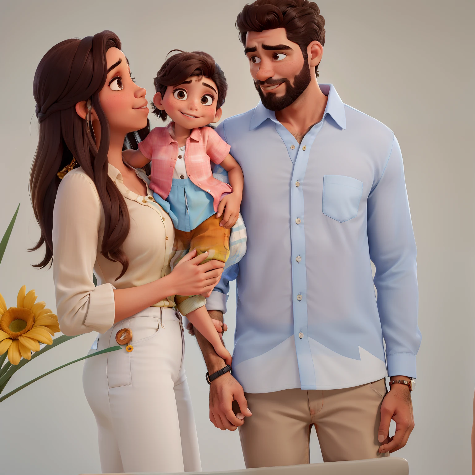 um casal, um rapaz pardo de cabelo cacheado e raspado dos lados e com barba na me bochechas, Blue collar blouse and button down kissing the head of a brown girl, de cabelos lisos, brinco e blusa gola alta verde