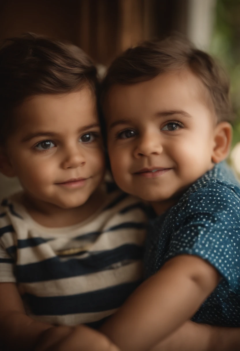 : Miguel, aproximadamente 5 anos de idade, cabelo curto estilo Disney, olhos castanhos e sorrisos. garota: Giovana, 2 anos, longos cabelos pretos e olhos azuis. scenecy: Miguel and Giovana are in a cozy little house in the valley, ao fundo um dia ensolarado, Destacando o Sol.