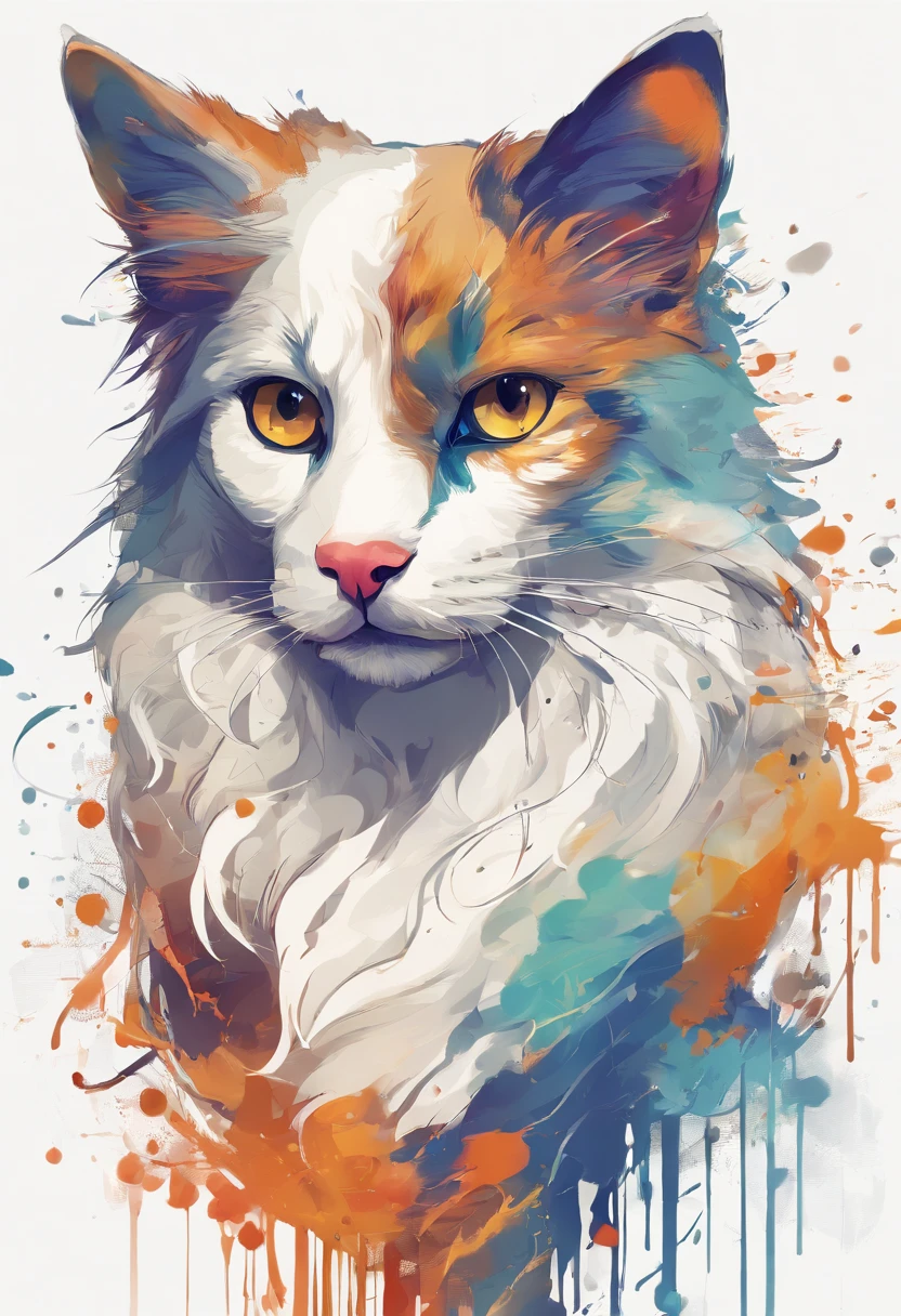 Splash Art, Shetland Shetland Shepherd Cat, ((White background)), piercing eyes, Epic Instagram, art  stations, Colored paint splash pattern, outlines, Super meticulous，detail intricate , illusion engine, Fantastical, intricately details, Splash screen, Complementary color scheme,